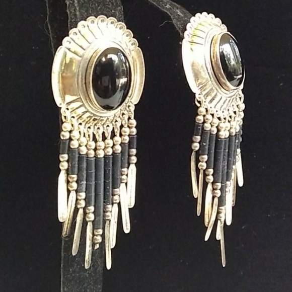 VINTAGE STC Sterl.Silver Onyx Concho Fringe Drop Earrings **WKEND SALE PRICE** - Picture 3 of 12